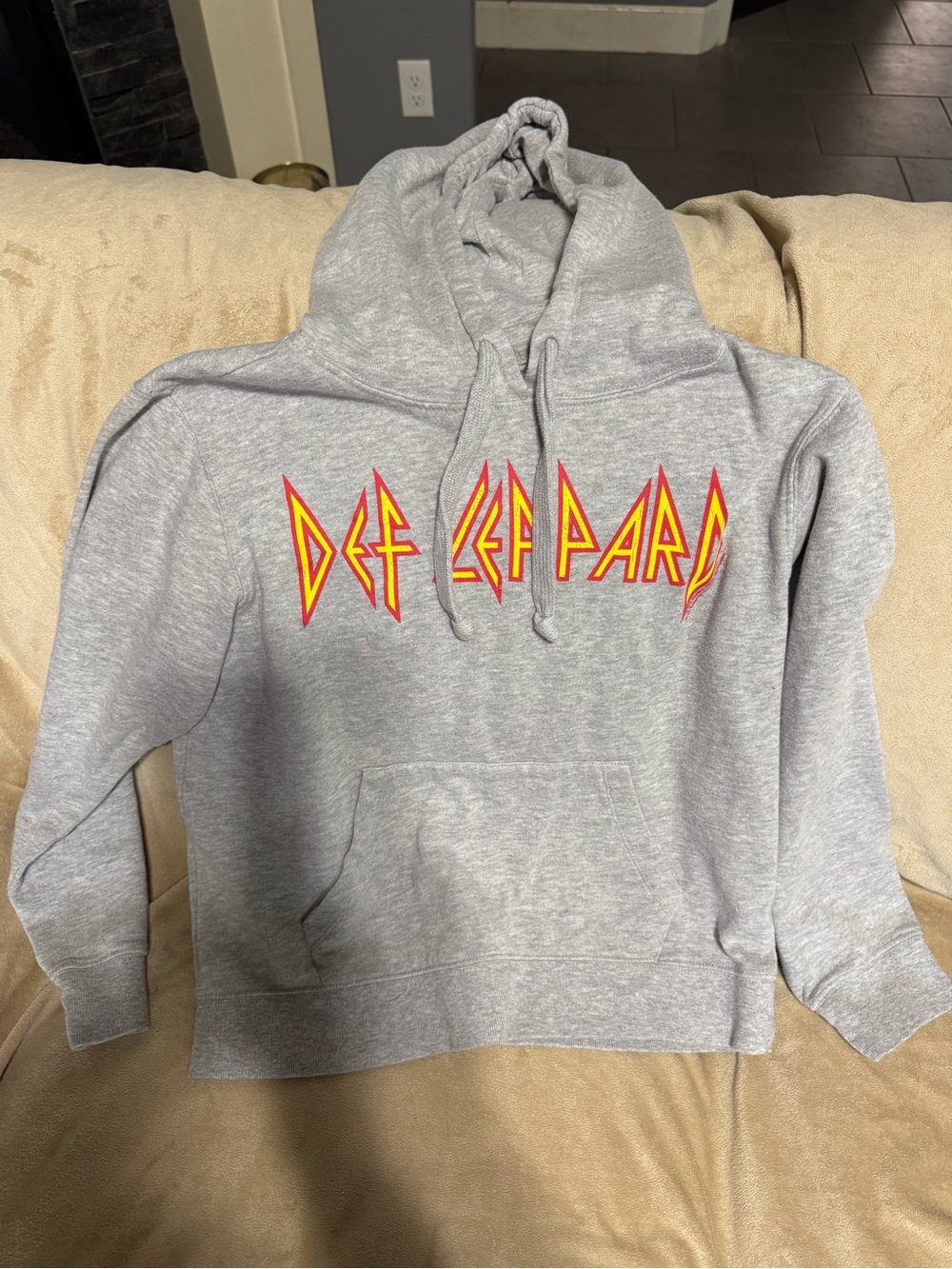 Forever 21 Heather Gray Hoodie with Red and Yellow Band Logo